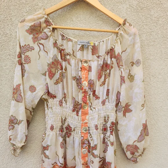 FIG & FLOWER Maxi Dress Women's Large Petite Prarie Tiered Chiffon Boho Puff Slv - Picture 3 of 14